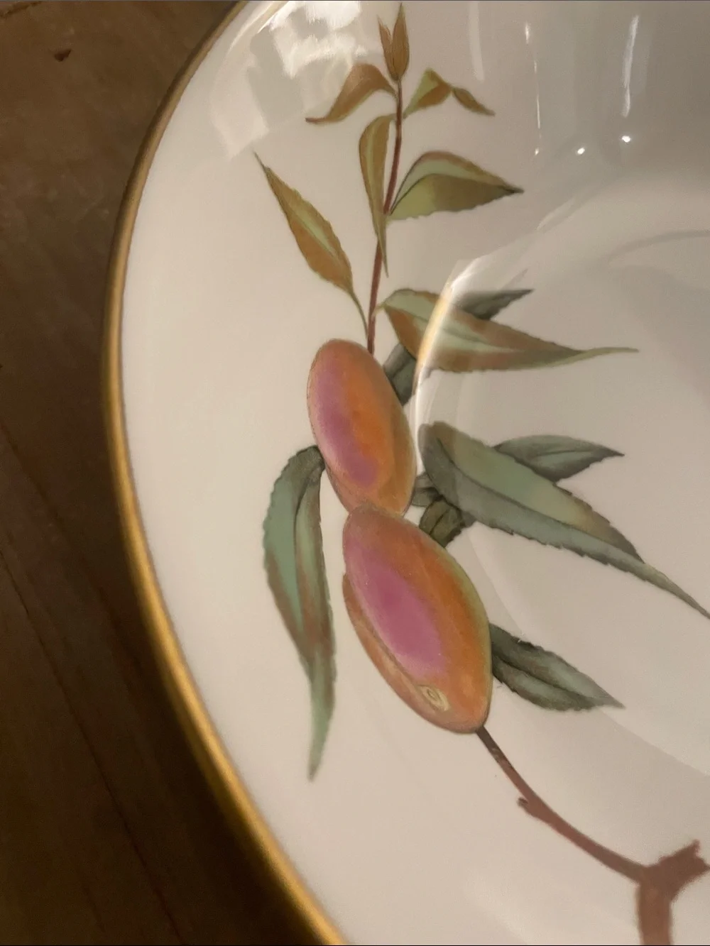 Royal Worcester Porcelain Fruit-Pattern Serving Bowl with Gold Rim 10 inches